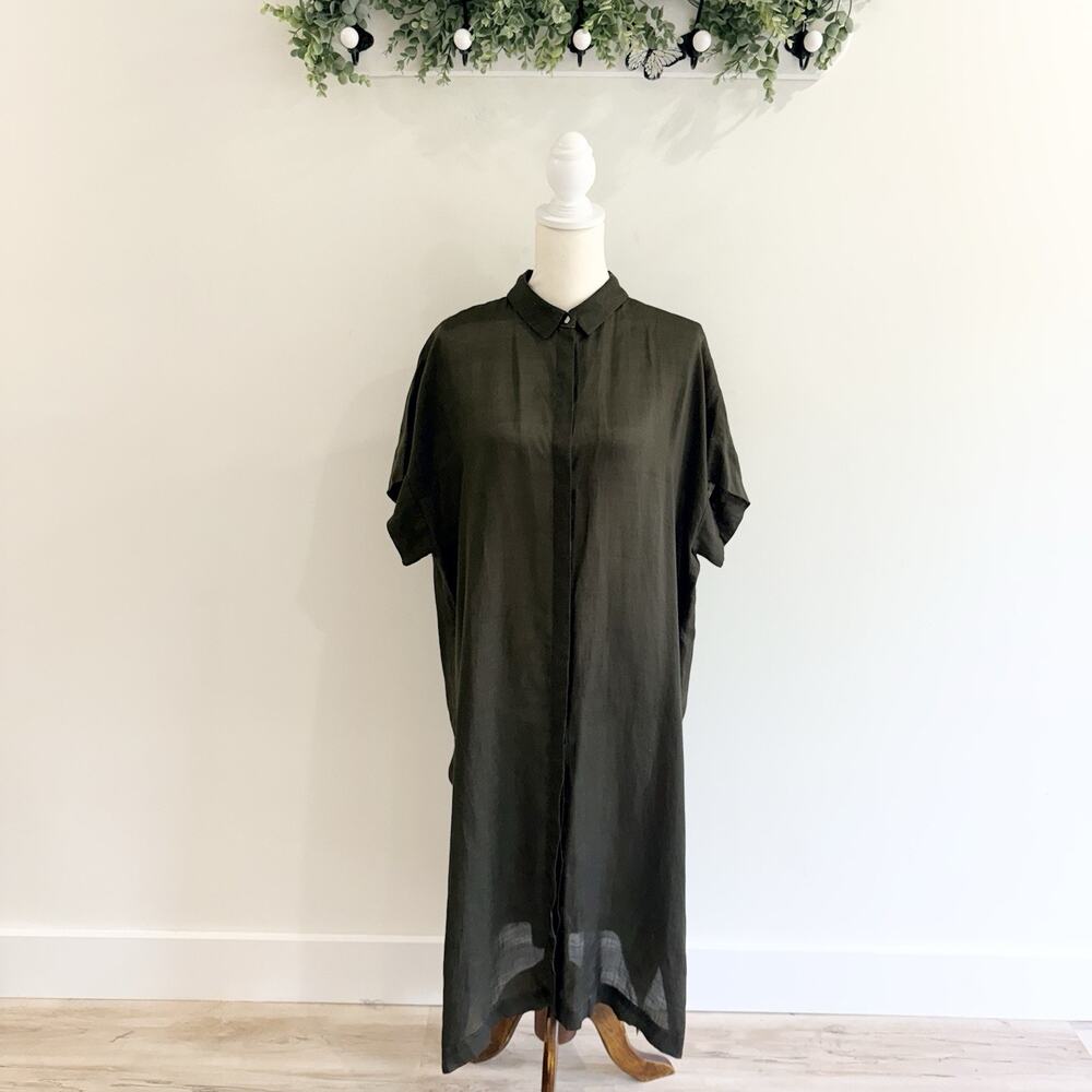 Lafayette 148 Button Up ramie Collared Short Sleeve Midi Dress Green sheer XL N1